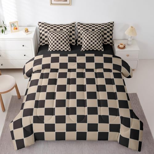 Erosebridal Geometric Plaid Twin Comforter Set 7 Piece Beige Black Brown Checkerboard Bed in A Bag with Sheets Checkered Grid Bedding Set for Kids Boys Men,Modern Aesthetic Bed Set Erosebridal
