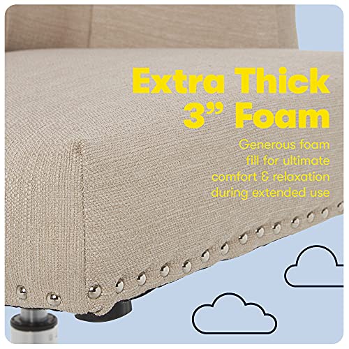 Serta Leighton Home Office Desk Chair, Mid-Back with Chrome Nailheads, Memory Foam Cushion and Padded Arms, Mid Century Modern Vanity Armchair with Wheels, Swivel Base, Twill Fabric, Stoneware Beige Serta