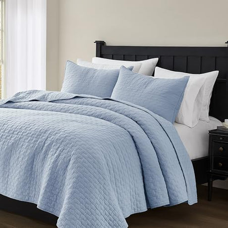 palassio Baby Blue 100% Cotton Quilt King Size Bedding Sets with 2 Pillow Shams, Textured Lightweight Soft Bedspread Shabby Chic Coverlet, Neutral Quilted Comforter Bed Cover for All Season, 3 Pieces palassio