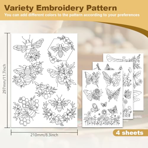 18Pcs Insects Flying in Flowers Embroidery Pattern Stabilizers, 8.3"x11.7" Butterfly Dragonfly Bee Water Soluble Stick and Stitch Embroidery Sticker, 4 Sheets Hand Sewing DIY Embroidery Paper