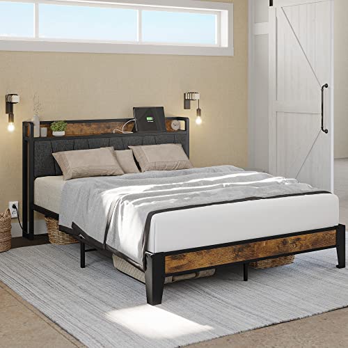 LIKIMIO Vintage Brown and Grey Queen Bed Frame with Storage Headboard and Charging Station LIKIMIO