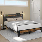 LIKIMIO Vintage Brown and Grey Queen Bed Frame with Storage Headboard and Charging Station LIKIMIO