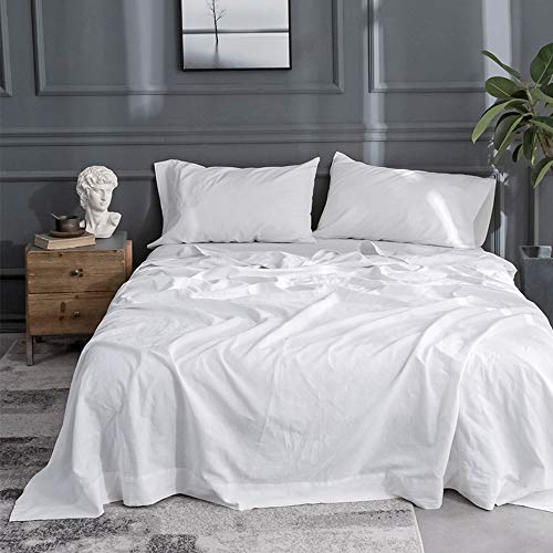 Simple&Opulence Belgian Linen Sheet Set Solid Color - 3 Pieces (1 Flat Sheet, 1 Fitted Sheet & 1 Pillowcase) Natural Flax Cotton Blend Soft Breathable Farmhouse Bedding - Twin Size, White Simple&Opulence
