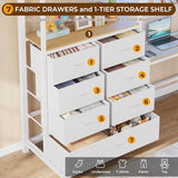 DICTAC Twin Size Loft Bed with L-Shaped Desk and 7 Storage Drawers,Metal Twin Loft Bed for Kids with LED Lights and Charging Station,13.11" H Safety Guardrail and Ladder,No Box Spring Needed, White DICTAC