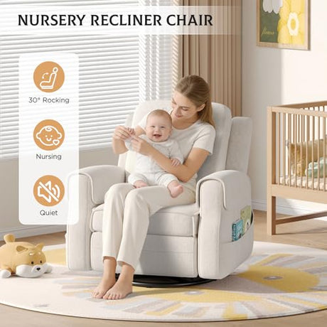 Maupvit Faux Shearling Recliner Chair - 360° Swivel Rocker with Adjustable Footrest and Backrest, Plush Upholstered Single Sofa for Small Spaces, for Living Room/Nursery/Home Theater (White) Maupvit