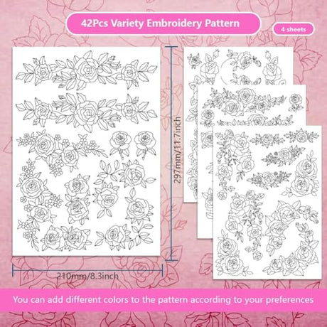BENECREAT 4 Sheets Roses Sewing Embroidery Stabilizers, 42pcs Flowers Embroidery Paper with Pre-Printed Water Soluble Stabilizer for Embroidery Hand Sewing Lover Beginners BENECREAT
