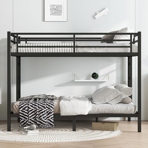 Bellemave Metal Bunk Bed Queen Over Queen with Ladder ＆ Full-Length Guardrails, Heavy Duty Bunk Bed Frame with Sturdy Slats, Queen Over Queen Bunk Beds, Noise Free, No Box Spring Needed, Black Bellemave