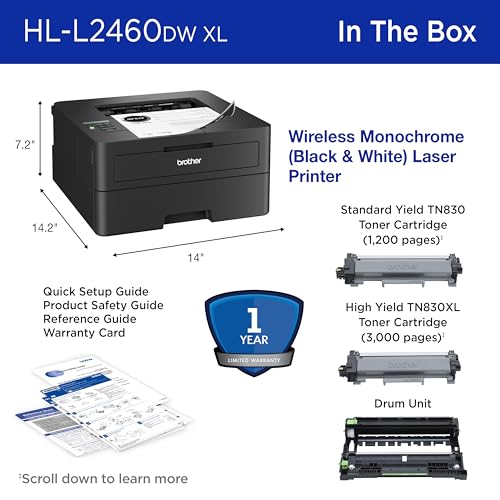 Brother HL-L2460DW XL Wireless Compact Monochrome Laser Printer with Duplex, Mobile Printing, Brother