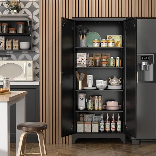 SteeLoong Kitchen Pantry Cabinet,75 Inch Black Metal Storage Cabinet with Door and Adjustable, Tall Pantry Cabinets for Kitchen Storage,Cupboard for Living Room,Dining Room and Bathroom SteeLoong
