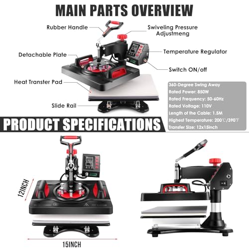 Upgraded 8 in 1 Heat Press Machine 12x15 Inch Heat Transfer Machine w/Tumbler Press 360-Degree Swing Away Multifunction Digital Sublimation Heat Press for T Shirt Mug Hat Plate for Commercial Home AKEYDIY