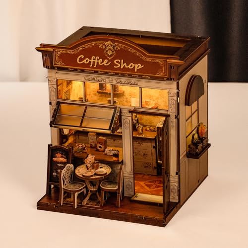 Book Nook Kit - DIY Miniature House Kit for Adults, Teens, and Kids, 3D Wooden Puzzles with LED Light, Dollhouse Craft Kit for Family and Friends, Great Gift Idea (Retro Coffee Shop)