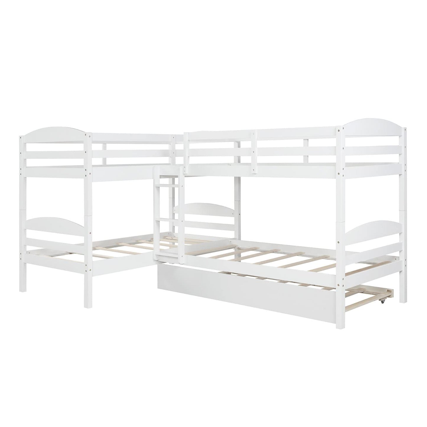 Harper & Bright Designs Quad Bunk Bed with Trundle, L Shaped Bunk Bed for 4 Kids, Wooden Twin Bunk Bed Frame for Kids Teens Adults - White