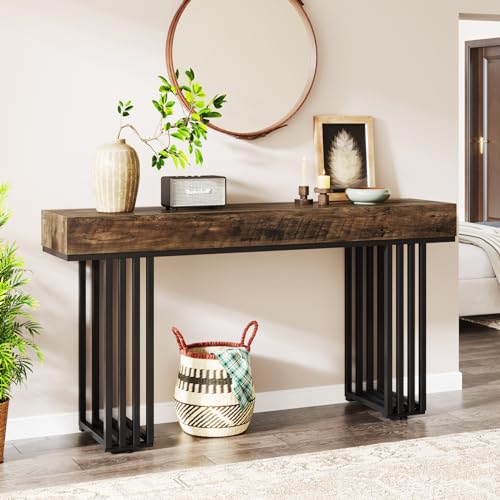 Tribesigns 55-Inch Console Table for Entryway, Industrial Hallway Table with Stylish Metal Frame, Sofa Foyer Table for Living Room, Entrance, Brown & Black. - WoodArtSupply