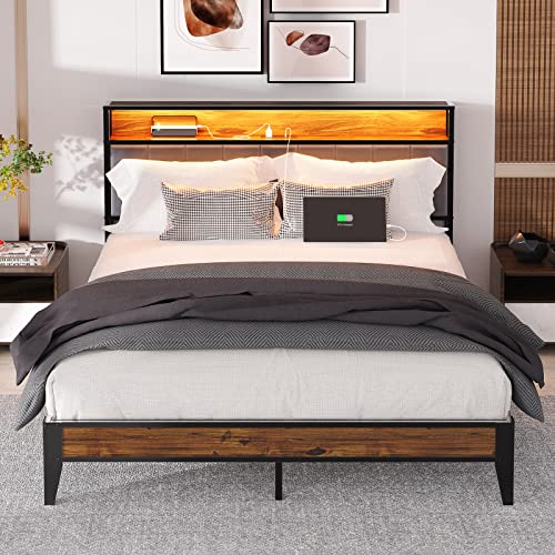 King Size Metal Platform Bed Frame with LED Light Headboard and USB Charging Station - WoodArtSupply