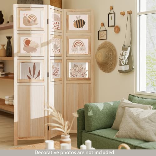 Giantex 3 Panel Room Divider with 9 Rotating Picture Frames, 67'' Folding Privacy Screen for Photo Display, Freestanding Wood Wall Partition for Room Separation, Bedroom, Office, Natural Giantex