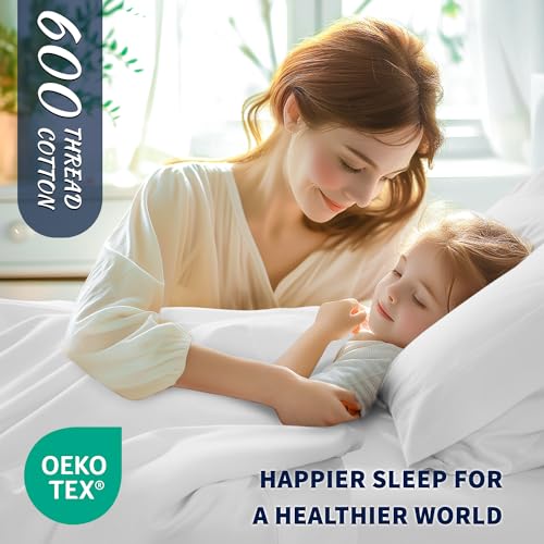 Shilucheng 100% Cotton Queen Size Sheets Set - 600 Thread Count，Luxury Egyptian Cotton Bed Sheets，5-Star Hotel Quality Sheets, Breathable & Cooling, 16 Inch Deep Pocket - 4 Piece (White, Queen)