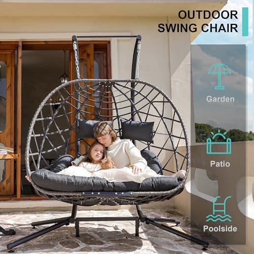 SWITTE Double Egg Swing Chair with Stand, 2 Person Outdoor Indoor Hammock Hanging Chair with Cushion for Patio Living Room 550 LBS Capacity-Dark Grey - WoodArtSupply