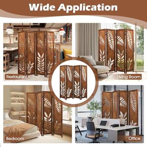 Giantex Boho Rustic Room Divider, 4 Panel Carved Leaf Folding Wood Screen, Fully Assembled, 67'' Freestanding Privacy Partition Decorative Wall, Foldable Room Separator for Bedroom, Brown Giantex