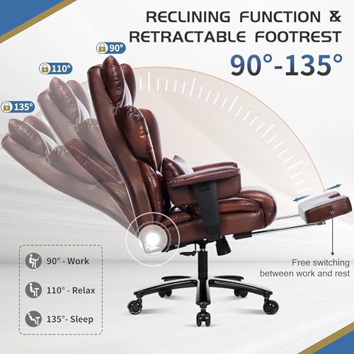 700lbs Big and Tall Office Chair with Footrest&Adjustable Lumbar Pillow,Large Heavy Duty Executive Office Chair-Wide Seat,Ergonomic High Back Computer Chairs for Heavy People,Dual Rubber Wheels,Brown BIGGARSIT