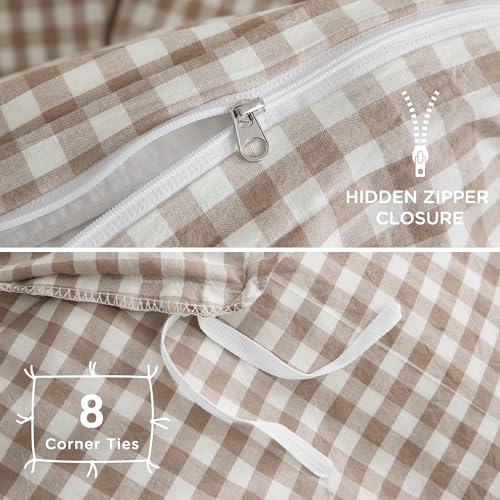TOCOMOA Tan Gingham Duvet Cover Bedding Set 100% Washed Cotton Like Linen Feel Super Soft Comfy 3 Piece Brown Vintage Plaid Checkered Fall Comforter Cover Set (Queen 90"x90", Comforter Not Included) TOCOMOA