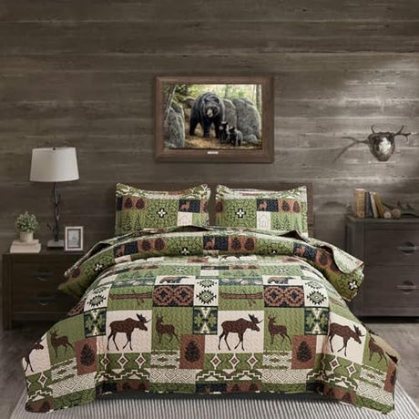 Quilts Set King Size Rustic Quilt Bedspread Coverlet King Quilt Bedding Country Lodge Patchwork Quilt Home Lightweight Reversible Bedspread Rustic Bear Bedding Cabin Moose Forest Animal Coverlet Olive ARL HOME
