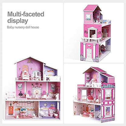 ROBUD Wooden Dollhouse Playset, 3 Stories, 5 Rooms, 24 PCS Furniture, Pretend Play Toys Gift for Kids Toddlers Girls