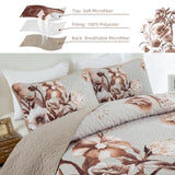 Khaki Quilt Set King Size Bedding Set 3 Pieces Boho Floral Quilt Bedspread Soft Microfiber Lightweight Flower Coverlet Set with 2 Pillow Shams for All Season 90"x104" Drucon