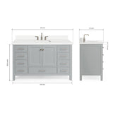 ARIEL Cambridge 55" Grey Bathroom Vanity with Sink, 1.5" Edge Pure White Quartz Countertop & Backsplash, Center Rectangular Sink, 2 Soft Closing Doors, 9 Full Extension Dovetail Drawers ARIEL