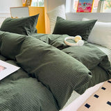 PinkMemory Green Striped Duvet Cover Queen 100% Washed Cotton Olive Green Stripes Duvet Cover Set Full 3pcs Pinstripe Pattern Bedding Set with Zipper Closure Corner Ties,Soft Breathable PinkMemory