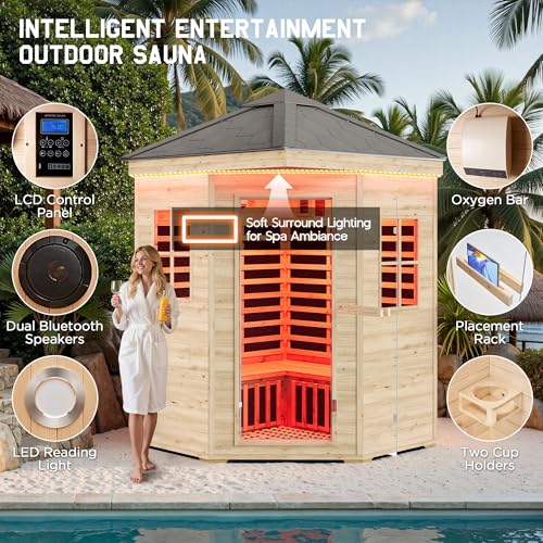 Albott Outdoor Sauna 4 Person, Infrared Saunas for Home, Low EMF 2850W/240V/20A Spruce Wood Dry Sauna with Tourmaline Stone Foot Warmer, 7-Color Light Therapy & 2 Bluetooth Speakers, 59.1"x59.1"x98.4" Albott
