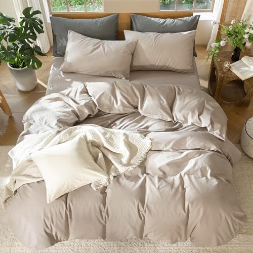 MooMee Bedding Duvet Cover Set 100% Washed Cotton Linen Like Textured Breathable Durable Soft Comfy (Heathered Taupe, Twin 68"x90") MooMee