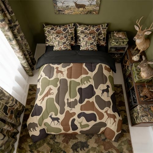 Erosebridal Deer Bear 7 Piece Bedding Set Twin Camo Comforter Set with Sheets Hound Turkey Wolf Army Print Bed in a Bag Brown Farmhouse Camouflage for Kids Boys Girls Erosebridal