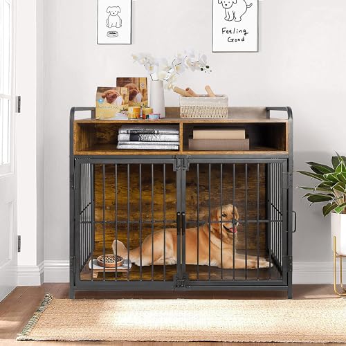 Sulives 41 inch Dog Crate Furniture for Large Dogs,Wooden Dog Crate with Divider,Double Door Dog Kennel with Two Drawers Storages,Reinforced Horizontal Bars,Indoor Dog Crate - WoodArtSupply