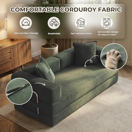 GRUSIGN 78 Inch Convertible Sofa Bed, 5-in-1 Futon Sofa Bed Pull Out Couch, Boneless Couch Bed for Living Room, Corduroy Boneless Couches for Bedroom, Apartment, No Assembly Sleeper Sofa Bed, Green GRUSIGN