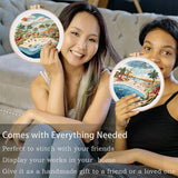 FONNUY Beach Ocean Embroidery Kit, Cross Stitch Kits for Beginners, Handmade Crafts with Printed Patterns for Beginner Adults, Easy to Follow Color Thread Needlework, 8'' Hoop (Holiday)