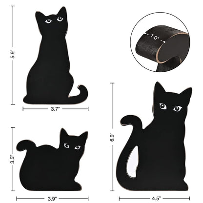 MEKOUZON Halloween Wooden Black Cat Decorations, Set of 3 Fall Cats Figurines Ornaments for Tiered Tray, Shelf and Fireplace Decor, Farmhouse Halloween Cats for Cat Lovers, Office Supplies