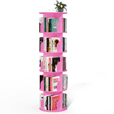 Nidouillet Rotating Bookshelf Tower, 5 Tier Spinning Bookcase Lazy Susan, Revolving 360 Book Shelf Storage Round Organizer, Vertical Rotate Turning Corner Book Case for Small Space, Pink