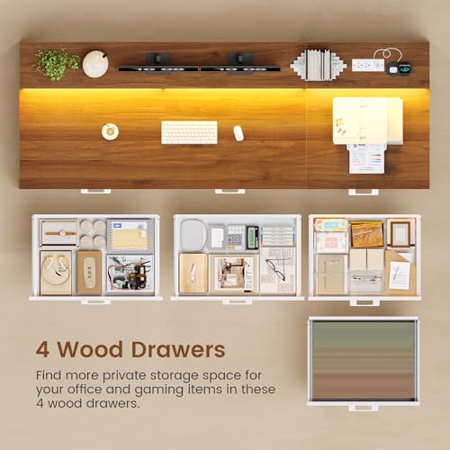 SEDETA Farmhouse Home Office Desk with File Drawer & Power Outlet, Computer Desk with 4 Drawer, Storage Shelves, Printer Cabinet and Monitor Shelf, Gaming Desk with Led Lights, White SEDETA