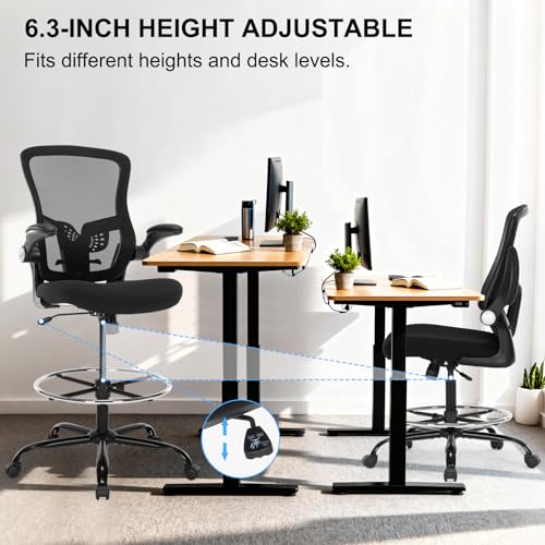 Bondesin Drafting Chair, Ergonomic Tall Office Chair with Lumbar Support Standing Desk Stool with Flip-up Armrests Comfy High Office Desk Chair with Adjustable Foot Ring for Counter Height Desk, Black Bondesin