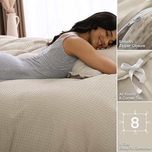 David's Home Waffle Weave Duvet Cover Set King Size,Soft Breathable 3pcs Comforter Cover Set with 2 Pillowcases,Textured Home Decor Bedding Set Cozy for All Seasons, Nature 104"×90",No Comforter David's Home