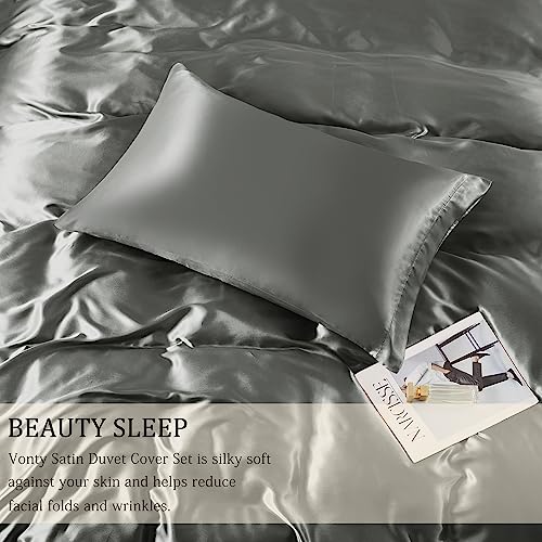 Vonty 3-Piece Silky Satin Duvet Cover Set King Size Duvet Cover, Organic Natural 400TC Grey Duvet Cover Set - Luxury & Sexy Bedding Duvet Covers with Zipper Closure(No Comforter) Vonty