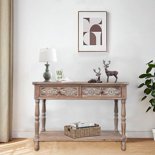 PARISLOFT Vintage Wood End Table with 2 Drawers and 1 Bottom Shelf,Rustic Console Table Storage, Accent Entryway Table Furniture,Antique Brown,42”Wx32”H PARISLOFT