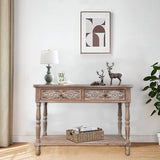 PARISLOFT Vintage Wood End Table with 2 Drawers and 1 Bottom Shelf,Rustic Console Table Storage, Accent Entryway Table Furniture,Antique Brown,42”Wx32”H PARISLOFT