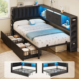 MapleGrace Twin Corner Bed Frame with Upholstered Storage Headboard and Drawers, Metal Platform Bed Frame with LED Light and Charging Station, Twin Daybed for Living Room, Bedroom & Guest Room, Black MapleGrace