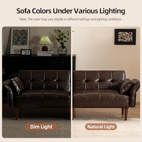 HALLYBEE 85” Futon Sofa Bed, Sleeper Sofa, Small Couch with Storage Adjustable Armrests Pillows, Faux Leather Loveseat, Mid Century Modern Couches for Living Room, Bedroom, Apartment, Coffee Brown HALLYBEE