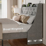 Feonase Full Size Bed Frame with Luxury Wingback and Fast Charging Station,Full Upholstered Button Tufted Storage Headboard Platform Bed,Sturdy Wooden Slats Support,Easy Assembly,Noise-Free,Light Gray Feonase