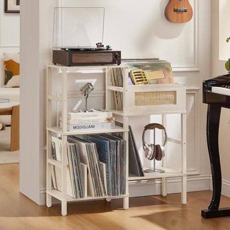 LELELINKY Record Player Stand, White Cream Oak Wood Record Holder with Vinyl Storage Holds up to 300+ Albums, 3-Tier Rattan Media Table with Vinyl Display Shelf, Record Storage Cabinet for Living Room LELELINKY