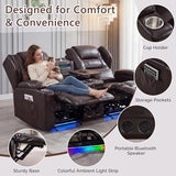 Loveseat Recliner Sofa, Power Reclining Loveseat Sofa Couches with Center Console, Bluetooth Speaker, LED Lights, Cup Holder, PU Leather Wall Hugger Recliners for Living Room, RV, Home Theater, Brown