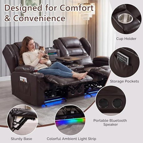Loveseat Recliner Sofa, Power Reclining Loveseat Sofa Couches with Center Console, Bluetooth Speaker, LED Lights, Cup Holder, PU Leather Wall Hugger Recliners for Living Room, RV, Home Theater, Brown BIAOZHIKE