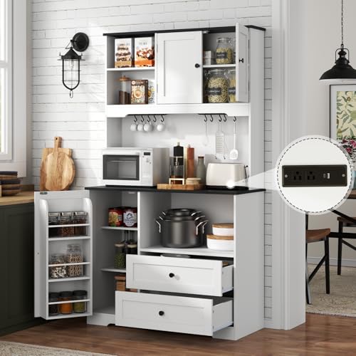 68"Tall Kitchen Pantry Storage Cabinet with Charging Station,Upgrade Freestanding Food Pantry with Wine Glass Holder ,Drawers and Shelves,Kitchen Hutch with Microwave Stand for Kitchens(White+Black) Gyfimoie